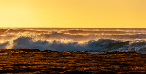 Setting sun lights crashing waves