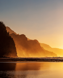 Misty sunset on Na Pali coastline