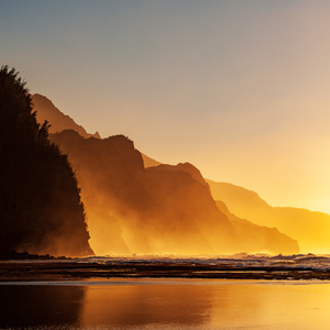 Misty sunset on Na Pali coastline