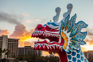 Carved head of dragon canoe in Waikiki