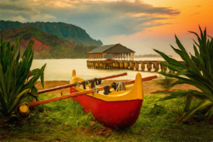 Painting of Hawaiian canoe by Hanalei Pier