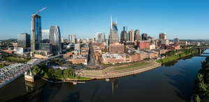 Panoramic skyline of Nashville in Tennessee from aerial drone