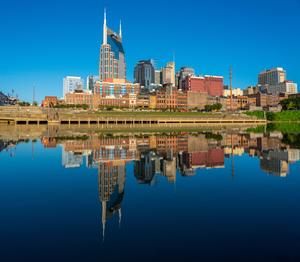 Skyline of Nashville in Tennessee with Cumberland River