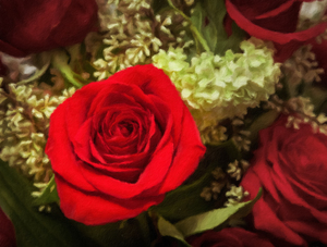 Oil painting of red rose bouquet