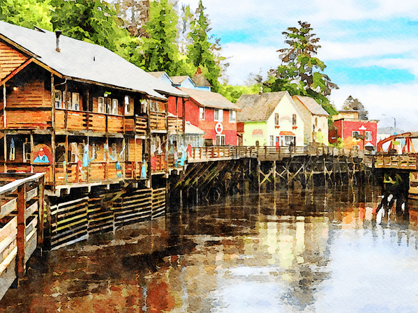 Painting of Creek Street wharf in Ketchikan Alaska by Steve Heap