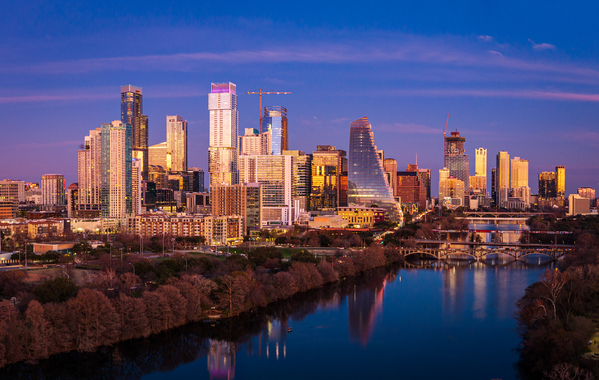 Cityscape of downtown Austin from the west in Zilker park 2025 by Steve Heap
