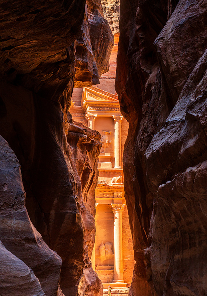 Petra Treasury building facade seen through narrow gorge by Steve Heap