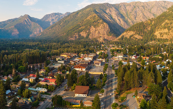 Aerial view of Leavenworth the Bavarian Alpine village in Casca by Steve Heap