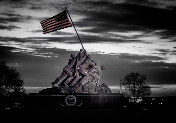 B&W image of Iwo Jima Memorial at dawn  by Steve Heap