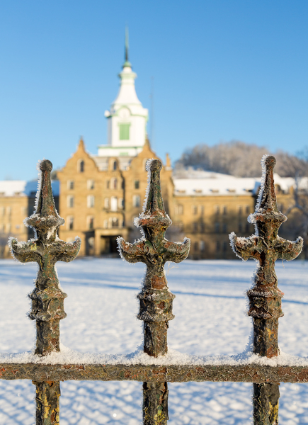 Railings in snow outside Weston Asylum Print