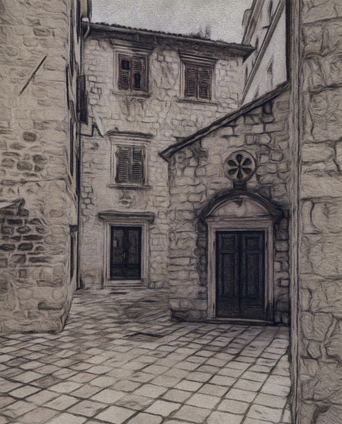 Narrow streets in Kotor in charcoal by Steve Heap