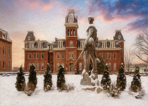 Pastel Mountaineer statue against Woodburn Hall by Steve Heap