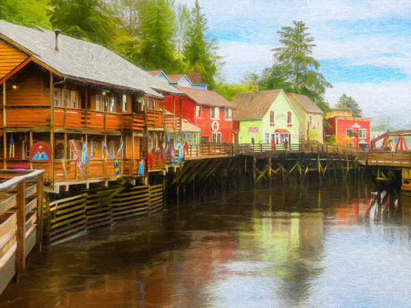 Painting of Creek Street wharf in Ketchikan Alaska by Steve Heap