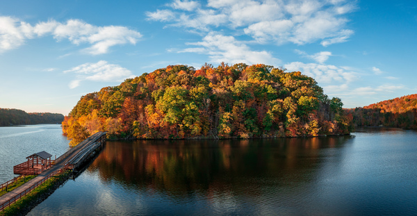 Aerial view with reflection of fall leaves in Cheat Lake Park by Steve Heap