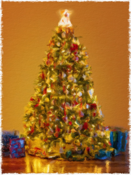 Painting of ornately decorated christmas tree by Steve Heap