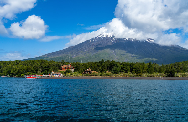 Petrohue harbor and docks by the Osorno volcano in Chile Print