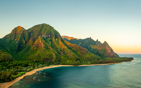 Aerial shot of Tunnels Beach at sunrise on Kauai in Hawaii by Steve Heap