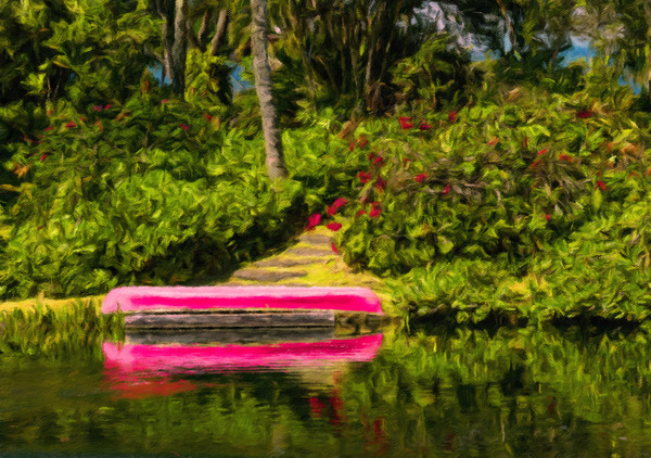 Red canoe on dock reflecting into calm lake in oil painting Print