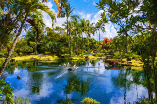 Oil painting of lagoon in the Na Aina Kai sculpture garden Print
