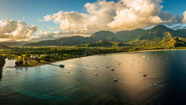 Aerial panorama over the town of Hanalei and valley at sunrise Print