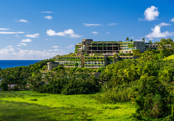 Hotel nestling in the hillside on Hanalei bay on Kauai Print