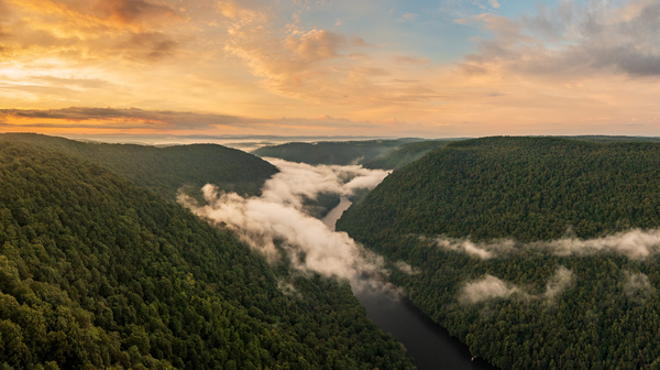 Mist swirling over Cheat River gorge at sunrise near Morgantown  by Steve Heap