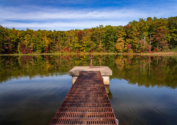 Fall leaves and metal pier in Coopers Rock State Forest in WV Print
