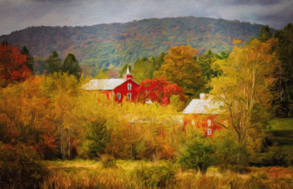 Painting of historic red barn nestled in fall colors in West Vir by Steve Heap