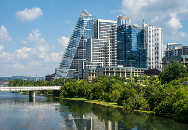 Cityscape of apartments in Austin Texas across Lady Bird Lake by Steve Heap