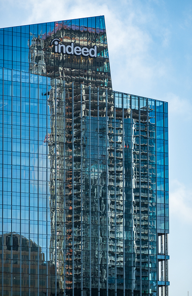 Reflections of other towers in Indeed HQ building in Austin TX by Steve Heap