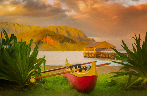 Pastel of Hawaiian canoe by Hanalei Pier by Steve Heap