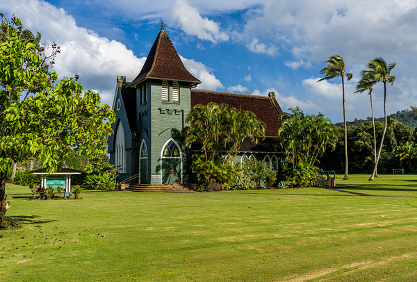 Waioli Huiia Church stands in Hanalei Kauai with the majestic  by Steve Heap