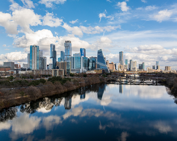 Wide View of Austin Texas Skyline Featuring the Sail and Waterli by Steve Heap