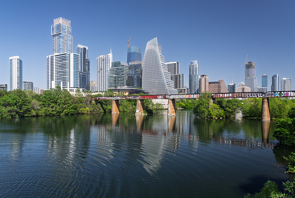 View along Colorado river of Austin Texas skyline by Steve Heap