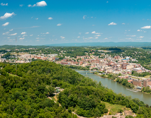 Aerial panorama image of the downtown and university in Morgantown by Steve Heap