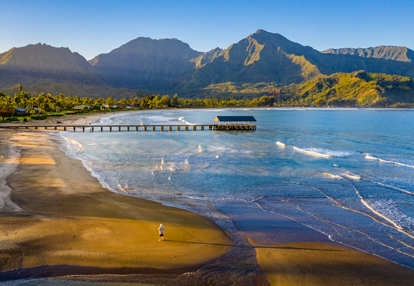 Aerial drone shot of man on the sand of Hanalei beach  by Steve Heap