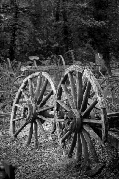 Two old wooden cartwheels against wood cart by Steve Heap