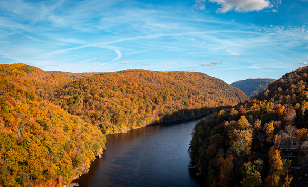 Autumn view of the Cheat river entering the lake in Morgantown WV by Steve Heap