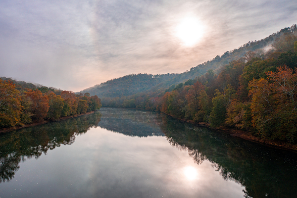 Calm Tygart River by Valley Falls on a misty autumn day by Steve Heap