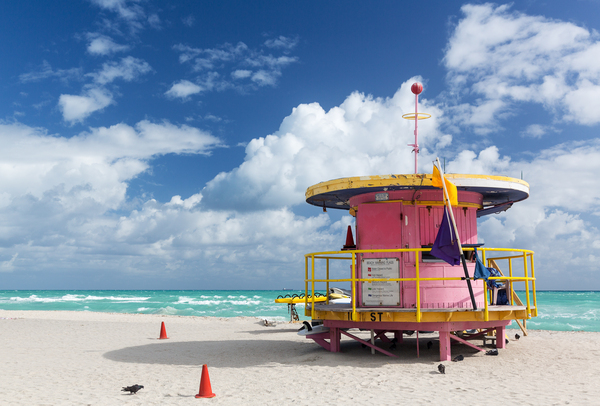 Round pink lifeguard station on Miami beach by Steve Heap