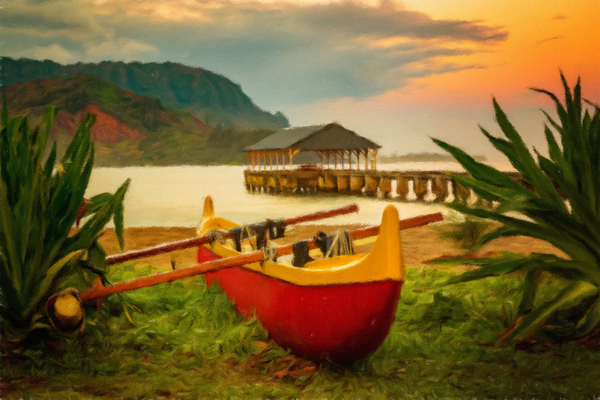 Painting of Hawaiian canoe by Hanalei Pier by Steve Heap