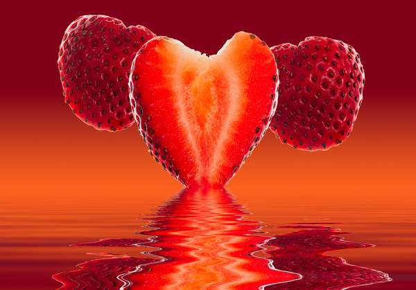 Fresh sliced strawberry in heart shape reflected Print