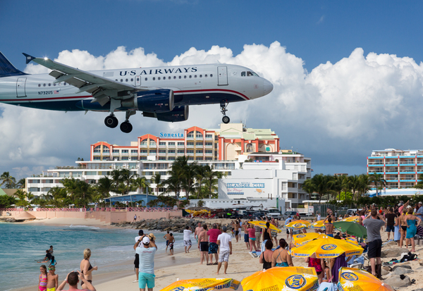 US Airways plane lands at Princess Juliana airport St Martin by Steve Heap