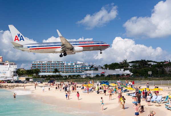American Airlines plane lands at Princess Juliana airport by Steve Heap