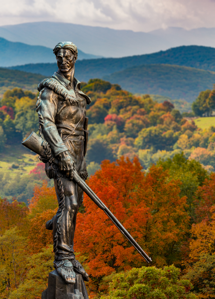 Mountaineer statue from WVU with fall leaves in West Virginia by Steve Heap