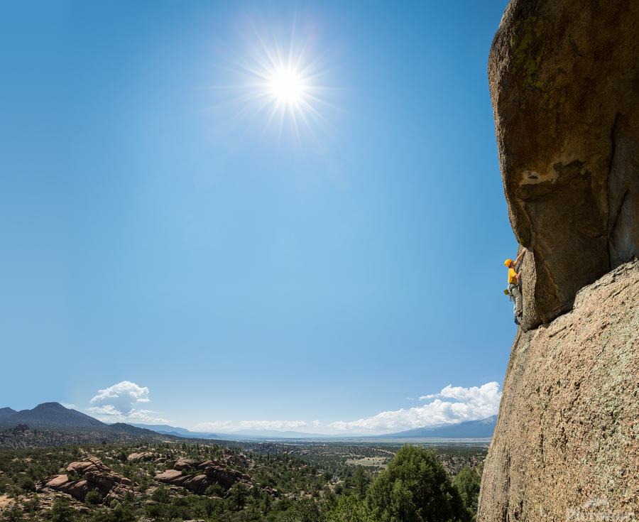 Senior man on steep rock climb in Colorado  Print