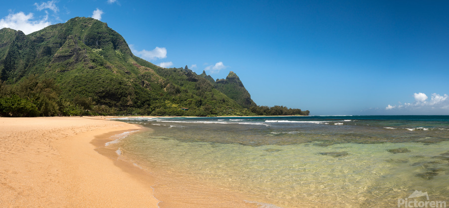 Panorama of Tunnels beach on the north shore Kauai  Print