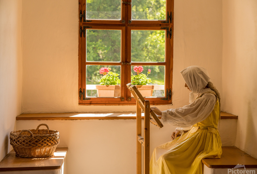 Woman working on embroidery in window alcove  Print
