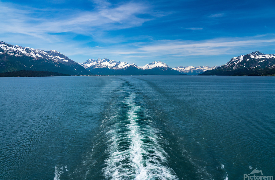 Cruise boat wake leaving town of Valdez in Alaska  Print