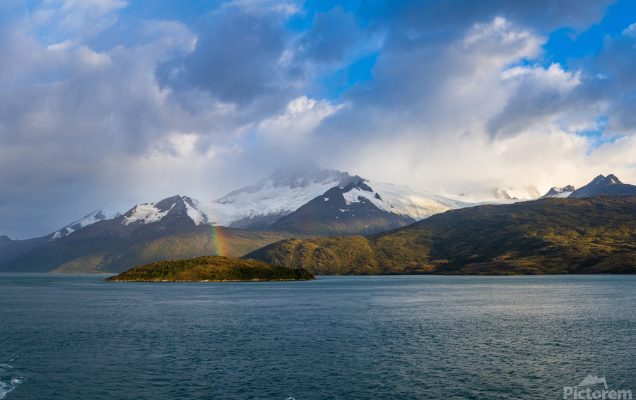 Panorama of Holanda glacier by Beagle channel with rainbow  Print